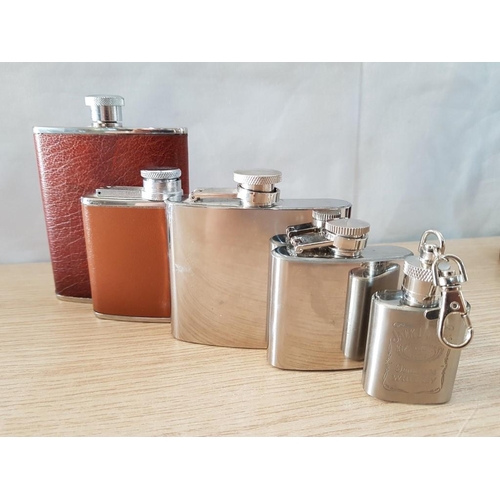 45 - 5 Hip Flasks - 2 Leather Bound