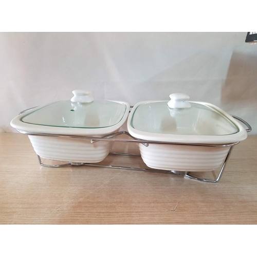 470 - Twin Ceramic Dish Buffet Set (2x Section Ceramic Casserole Servers with Glass Lids and Metal Stand)