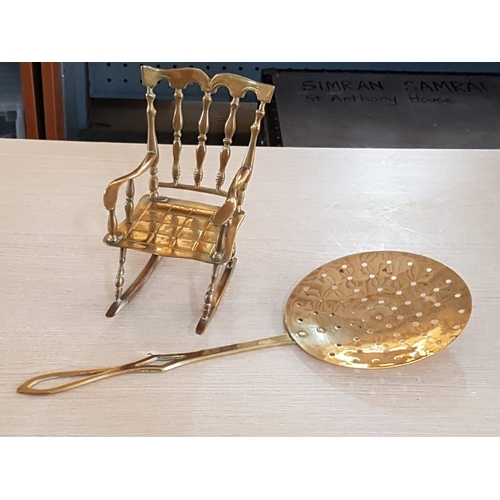 48 - Heavy Brass Rocking Chair (11 x 15 x 23cm) and Brass Skimmer (48cm with Bowl 20cm)