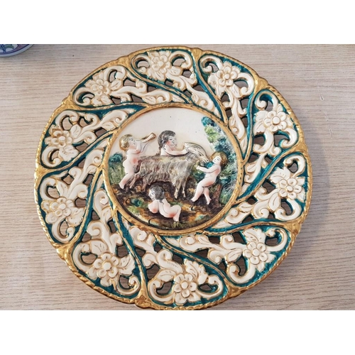 60 - Vintage Italian Capodimonte Display Plate 'Cherubs' - Turquoise, Cream and Gold Majolica - Marked on... 