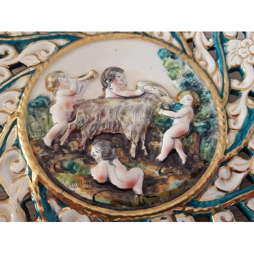 60 - Vintage Italian Capodimonte Display Plate 'Cherubs' - Turquoise, Cream and Gold Majolica - Marked on... 