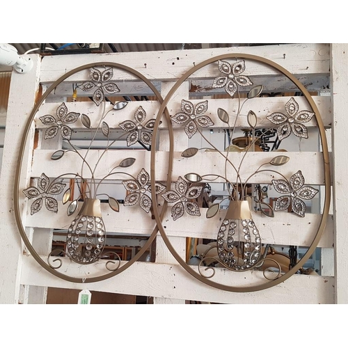 65 - Pair Oval Metal Wall Hanging Pieces of Art Work Depicting a Vase with Flowers and Leaves (70 x 50cm)