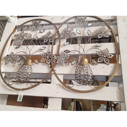 65 - Pair Oval Metal Wall Hanging Pieces of Art Work Depicting a Vase with Flowers and Leaves (70 x 50cm)