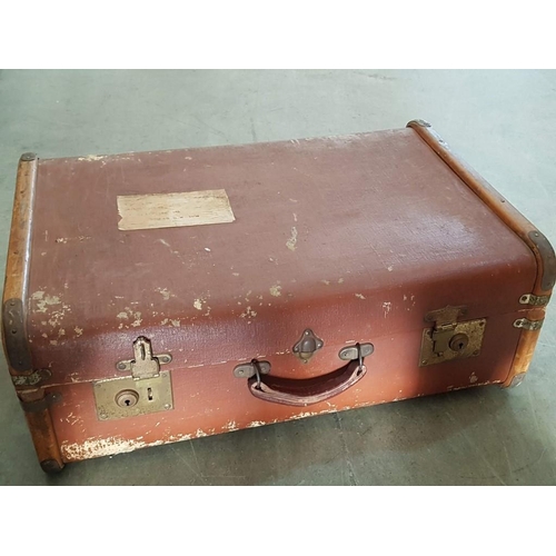 7 - Vintage Material Covered Wooden Bound Travelling Trunk/Case with Handle & Claps, (Approx. 68 x 45 x ... 