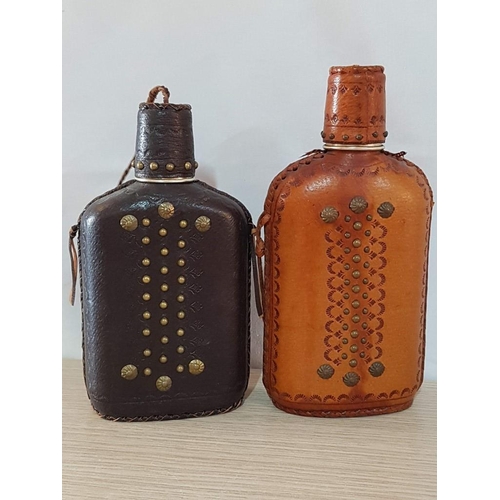 72 - 2 Folk Flask - Glass Bottle with Embossed Fork, Real Leather Cover and Metal Shots (Park Brown and C... 