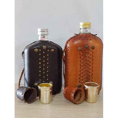 72 - 2 Folk Flask - Glass Bottle with Embossed Fork, Real Leather Cover and Metal Shots (Park Brown and C... 