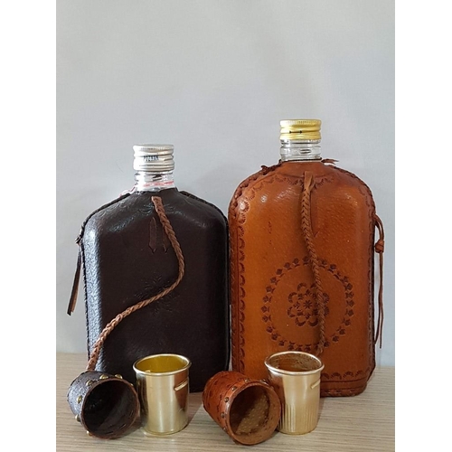 72 - 2 Folk Flask - Glass Bottle with Embossed Fork, Real Leather Cover and Metal Shots (Park Brown and C... 