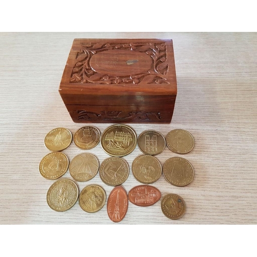 77 - Large Collection of Souvenir Coins and Medals From Different Museums in Carved Wooden Box with Brass... 