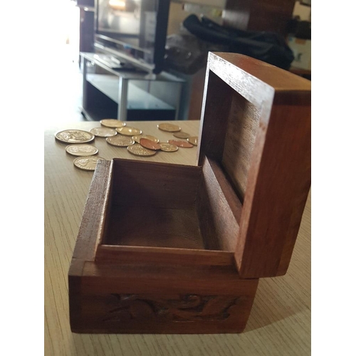 77 - Large Collection of Souvenir Coins and Medals From Different Museums in Carved Wooden Box with Brass... 