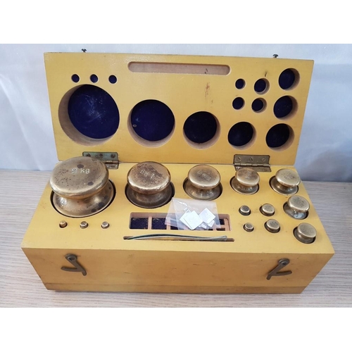 9 - Boxed Set of Vintage Brass and Metal Weights Ranging from 2 Kilos to Micro Grams (26.5 x 11 x 12cm)