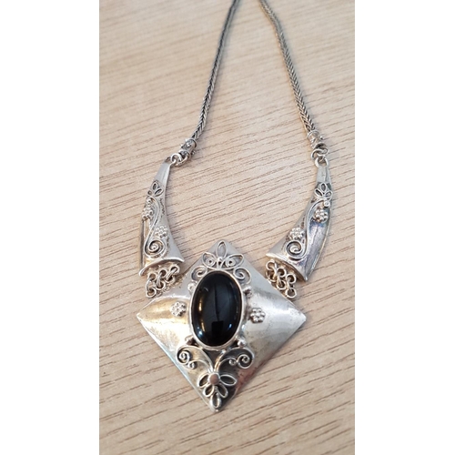 156 - Oriental Style Silver Pendant with Oval Shape Black Stone and Floral Decorations, on Platted Silver ... 