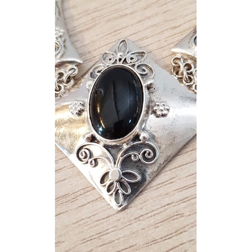 156 - Oriental Style Silver Pendant with Oval Shape Black Stone and Floral Decorations, on Platted Silver ... 