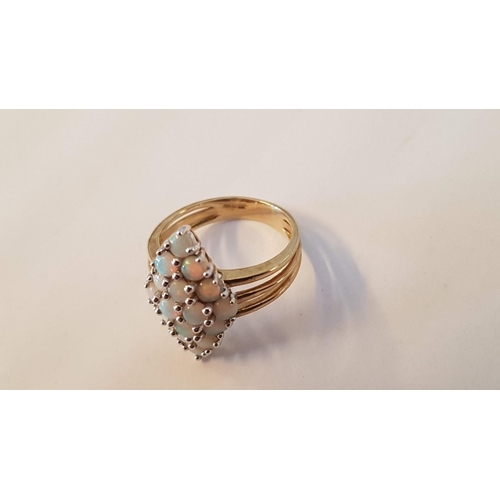 182 - 9ct Gold Ring with Diamond Shape Arrangement of Round Cut Opals, (Approx. Size N/O, 4g)