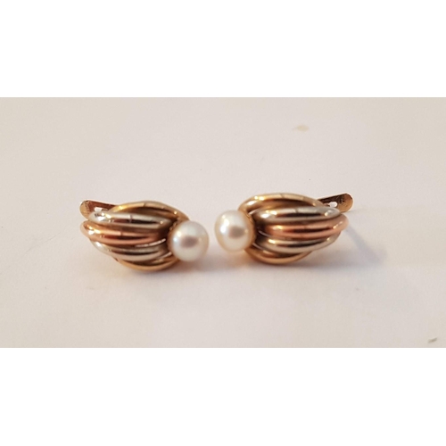 341 - Pair of Tricolour 9ct Gold Earrings with Single Pearl, (White, Yellow and Rose .375 Gold), (Approx. ... 