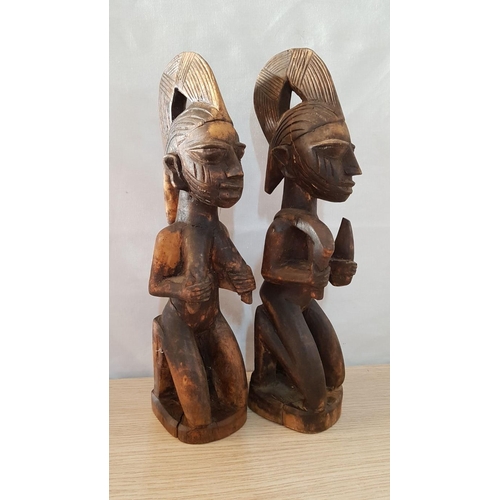 360 - African Tribal Art; 2 x Wooden Hand Carved Figurines of African Couple, (Approx. H: 33cm), (2)