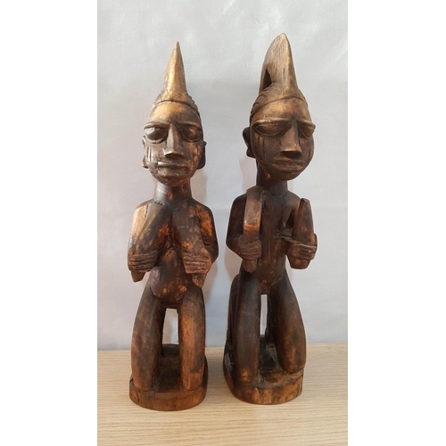 360 - African Tribal Art; 2 x Wooden Hand Carved Figurines of African Couple, (Approx. H: 33cm), (2)