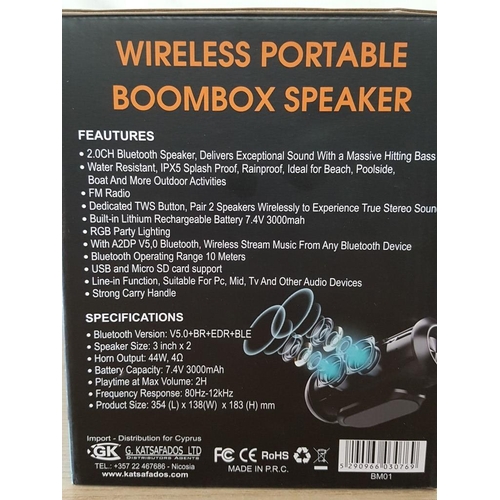 373 - Hikevan 44w Boombox Speaker (Wireless, Portable Bluetooth Speaker with RGB Lights), Approx. 35 x 14 ... 