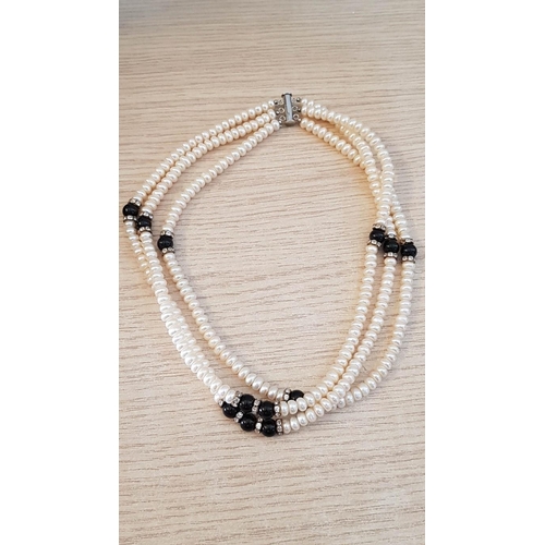 518 - Retro Style Pearl and Black Bead 3-Strand Necklace (L: 44cm) with Matching Bracelet (L: 19cm), Toget... 