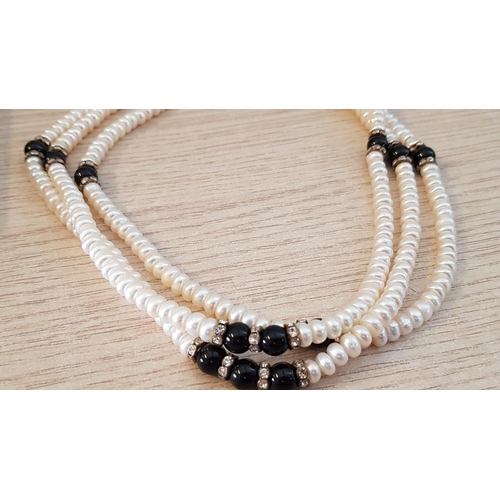 518 - Retro Style Pearl and Black Bead 3-Strand Necklace (L: 44cm) with Matching Bracelet (L: 19cm), Toget... 