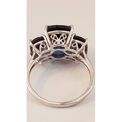 519 - Silver Ring (925) with 3 x Large Blue Stones / Crystals, (Approx. Size: U/V, 5g)