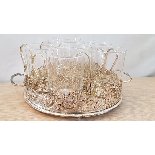 520 - Vintage Style Silver Plated English Tea Set; 6 x Glasses with Ornate Holders and Matching Round Tray