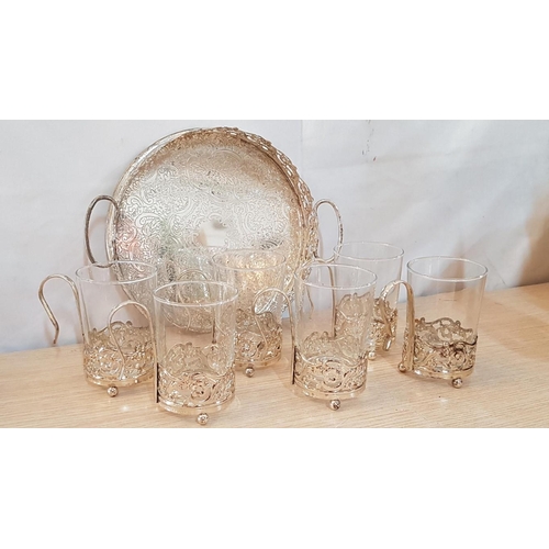 520 - Vintage Style Silver Plated English Tea Set; 6 x Glasses with Ornate Holders and Matching Round Tray