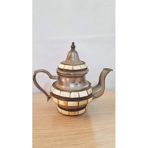543 - Antique Persian Decorative White Metal Tea Pot with Mother of Pearl, (a/f), (Approx. H: 16cm)