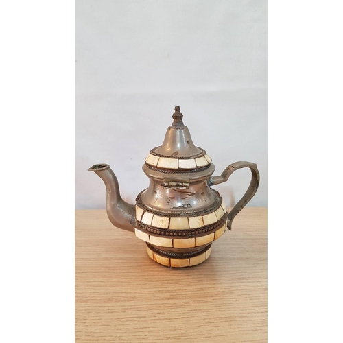 543 - Antique Persian Decorative White Metal Tea Pot with Mother of Pearl, (a/f), (Approx. H: 16cm)