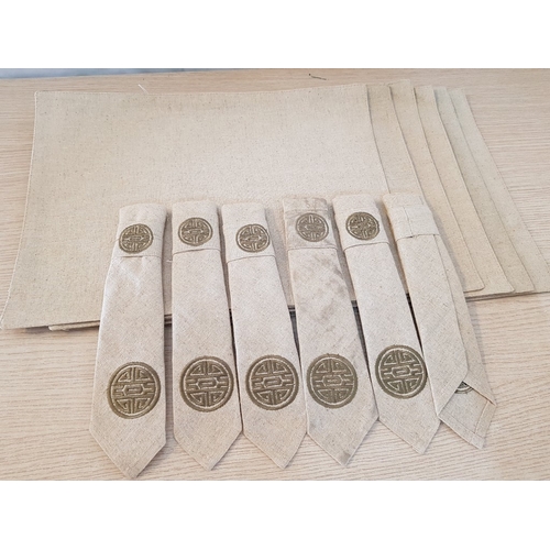 82 - Set of Linen Placemats (6pcs), Matching Napkins and Fabric Napkin Rings, Decorated with Orientals Th... 