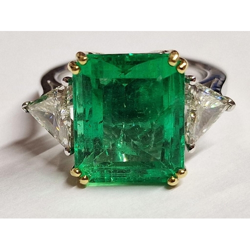 173A - Columbian Emerald, Diamond and 18ct Gold Ring; Rectangular Step Cut Columbian Emerald (Approx. 9.15c... 