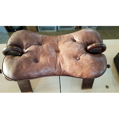 199 - Vintage Wood and Leather Oriental Camel Saddle Stool with Brass Details, (Approx. 78 x 38 x 42cm)