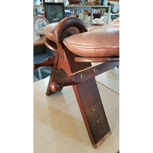 199 - Vintage Wood and Leather Oriental Camel Saddle Stool with Brass Details, (Approx. 78 x 38 x 42cm)