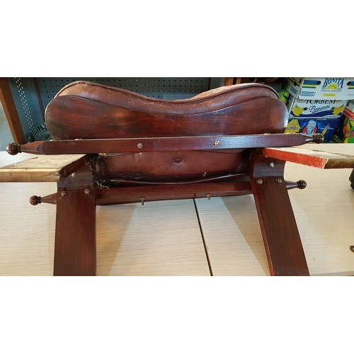 199 - Vintage Wood and Leather Oriental Camel Saddle Stool with Brass Details, (Approx. 78 x 38 x 42cm)