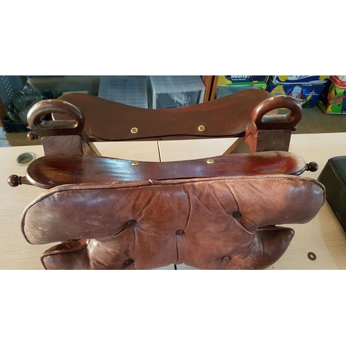 199 - Vintage Wood and Leather Oriental Camel Saddle Stool with Brass Details, (Approx. 78 x 38 x 42cm)