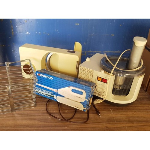 587 - Electric Kitchen Items; Food Processor, Electric Carving Knife, Slicer and Metal Basket (un-tested),... 