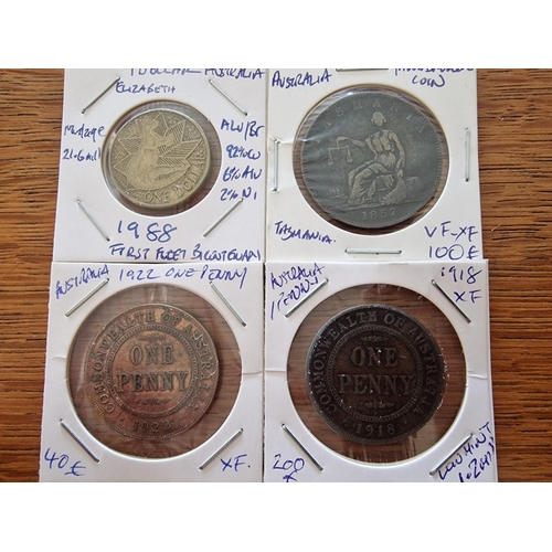 647 - Collection of 4 x Australian Coins; 1918 One Penny, 1922 One Penny, Tasmania 1857 Pawnbroker Coin an... 