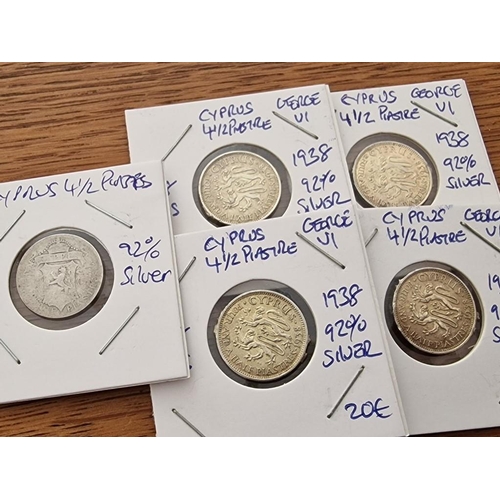 653 - 5 x Cyprus Silver Coins; 1901 Queen Victoria, and 4 x 1938 King George V Four and a Half Piastre, (1... 