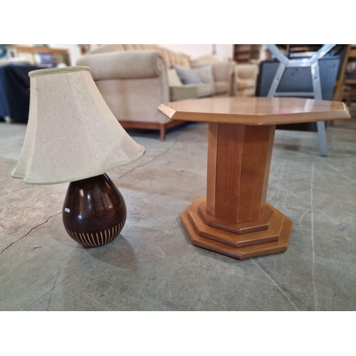 655 - Light Wood Octagonal Side Table with Pedestal Base, Together with Table / Side Lamp with Wooden Base... 