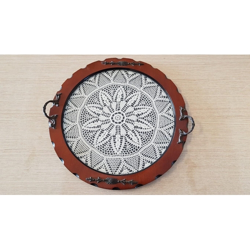 667 - Vintage Style Framed Crochet Doily Tray / Vanity Serving Tray, Round with Decorative Metal Handles, ... 