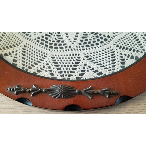 667 - Vintage Style Framed Crochet Doily Tray / Vanity Serving Tray, Round with Decorative Metal Handles, ... 