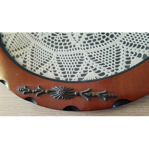 667 - Vintage Style Framed Crochet Doily Tray / Vanity Serving Tray, Round with Decorative Metal Handles, ... 