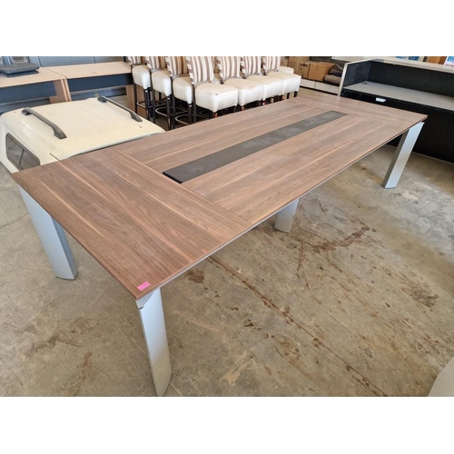 672 - Large Modern Walnut Effect Conference Table with Grey Metal Legs and Black Colour Centre with Cable ... 