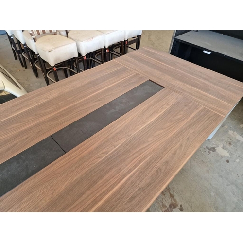 672 - Large Modern Walnut Effect Conference Table with Grey Metal Legs and Black Colour Centre with Cable ... 