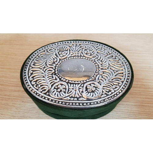 688 - Vintage Style Jewellery Box/ Trinket Box; Green Velvet with Decorative White Metal Top, (Approx. 13 ... 