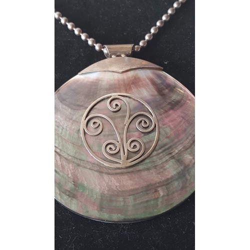 691 - Large Natural Brown Mother of Pearl Shell Pendant (Approx. Ø: 8cm), with Silver Decorations, on Silv... 