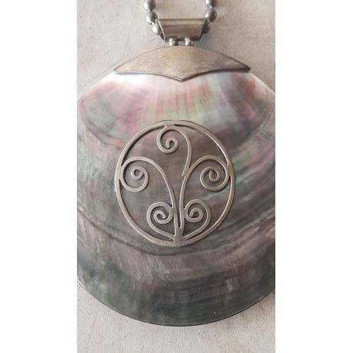 691 - Large Natural Brown Mother of Pearl Shell Pendant (Approx. Ø: 8cm), with Silver Decorations, on Silv... 