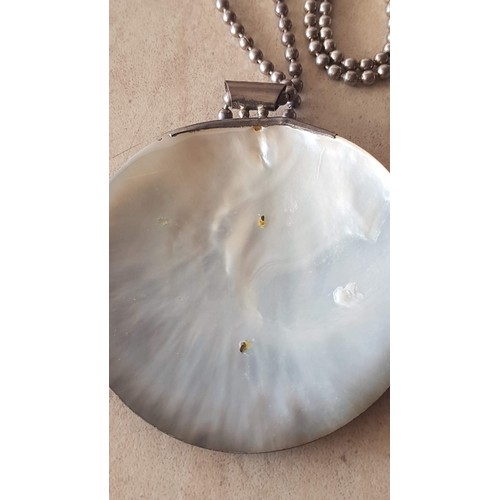 691 - Large Natural Brown Mother of Pearl Shell Pendant (Approx. Ø: 8cm), with Silver Decorations, on Silv... 