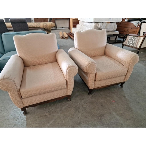 702 - Pair of Vintage Cream Pattern Fabric Armchairs with Scroll Arms, Cabriole Legs and Studded Backing, ... 