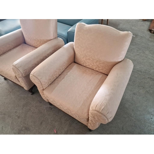 702 - Pair of Vintage Cream Pattern Fabric Armchairs with Scroll Arms, Cabriole Legs and Studded Backing, ... 