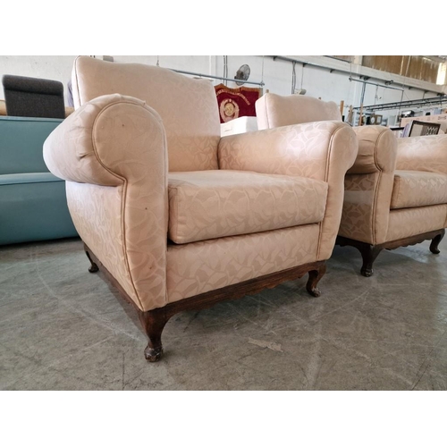 702 - Pair of Vintage Cream Pattern Fabric Armchairs with Scroll Arms, Cabriole Legs and Studded Backing, ... 